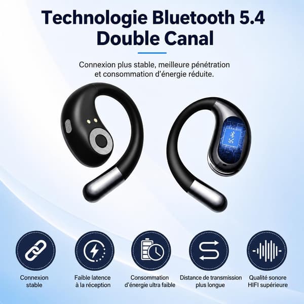 Trådløse Bluetooth-ørepropper, åpne sportshodetelefoner, benledningstil, Bluetooth 5.4, IPX7, 50 timers batterilevetid