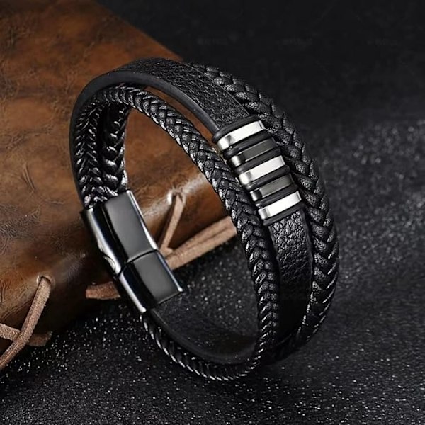 Herre Håndlavet Flettet Kohudelæder Armbånd Multi-Layer Rustfrit Stål Sort Læder Armbånd til Mænd - 22,5 cm