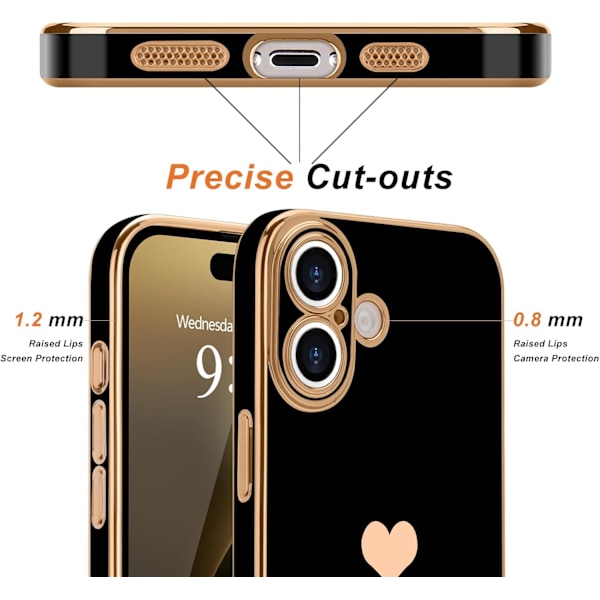 iPhone 16Plus Skal Flicka Kvinnor Sött Flickigt Kärlekshjärta Lyx Guld Mjukt Skydd Kameraskydd Silikon Stötsäkert Telefonskal för iPhone16Plus iPhone16 Plus