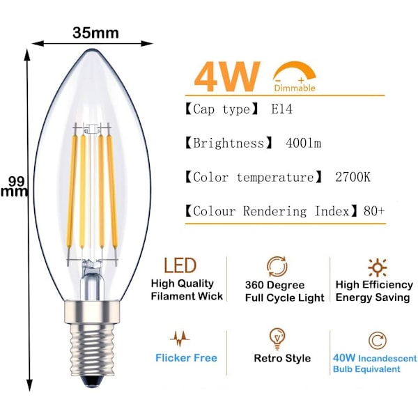 E14 Dæmpbar LED Kertepære, SES Filament Lille Edison Skruepære, 4W 40W Ækvivalent, Varm Hvid 2700K, 400lm, Pakke med 6