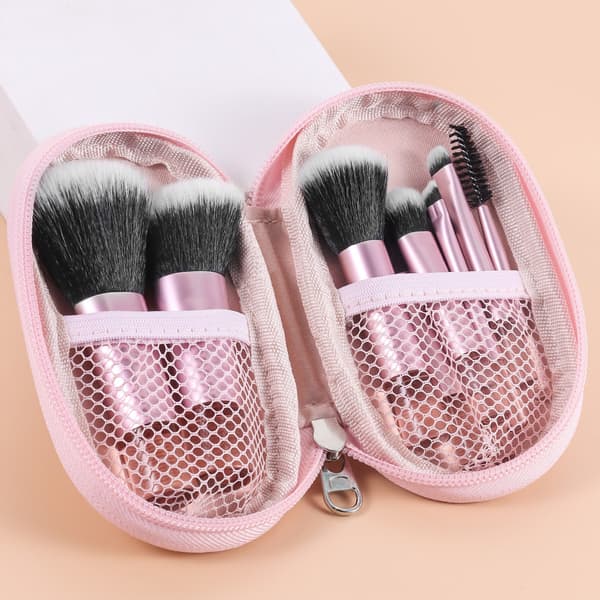 Resesminkborstset, 10 miniborstar med PU-fodral, bärbart borstkit, rosa