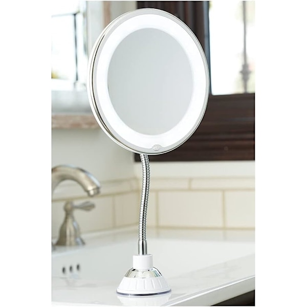 LED Forstørrelsesspejl med Fleksibel Arm og 360° Rotation - til Badeværelse med Sugekopmontering - 17,5 cm