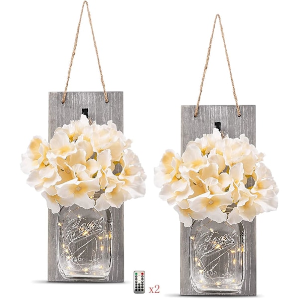 Rustika Grå Masonburksväggarmaturer för Heminredning, Dekorativ Chic Hängande Väggdekor Masonburkar med LED-Stripljus, Silkehortensia