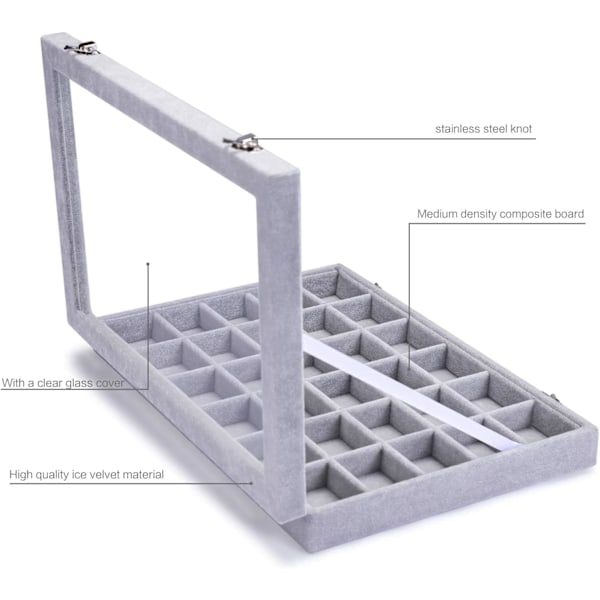 30 Rum Fløjl Glas Smykker Ring Armbånd Display Organizer Etui Holder Øreringe Opbevaringsboks