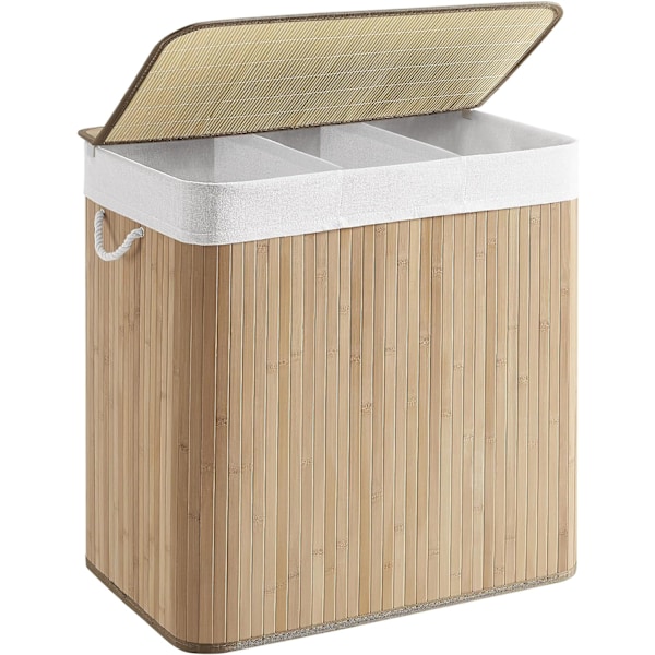 Vasketøjskurv med 3 sektioner, clip-on låg og håndtag, 150L foldbar, til vaskerum, soveværelse, badeværelse, naturlig