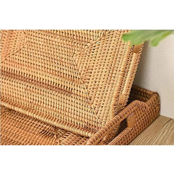 Håndvevd serveringsbrett i rotting med håndtak for frokost, drikke, snacks til spise-/kaffebord (43 cm, rektangulær)