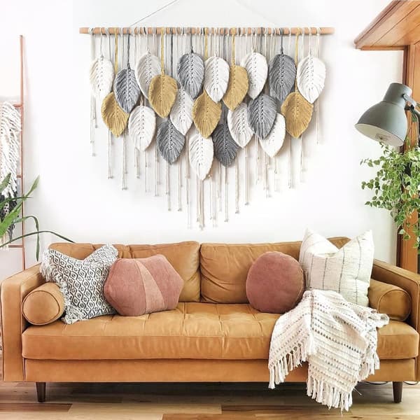 Macrame Väggbonad Stor Gobeläng Vävd Väggbonad Boho Macrame Blad Väggdekoration Fjäder Chic Vävd Konst White-khaki-gray
