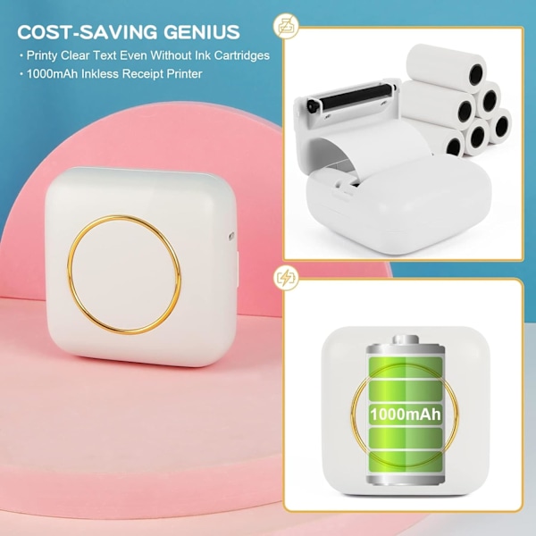 Mini Bärbar Fotoprinter, Trådlös Bluetooth Instant Termisk Printer (med 10 Rullar Utskriftspapper)