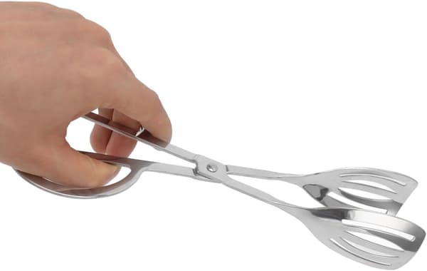 1 køkkentang — Multifunktionel køkkentang i rustfrit stål (25 cm), dobbeltsidet perforeret saks