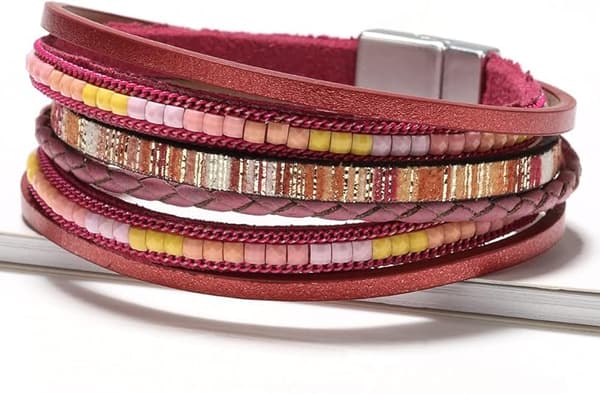 Læder Wrap Armbånd til Kvinder, Boho Leopard Multi-Layer Krystal Perler Manschet Armbånd Smykker red