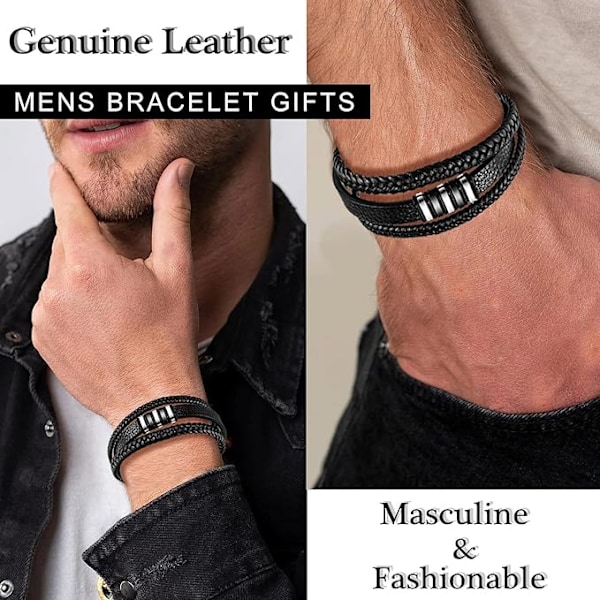 Herre Håndlavet Flettet Kohudelæder Armbånd Multi-Layer Rustfrit Stål Sort Læder Armbånd til Mænd - 22,5 cm
