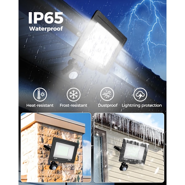 50W LED-Utomhusbelysning med Sensor, 5000LM IP65 Vattentät Utomhus LED-Spotlight, 6500K Kallt Vit Utomhusbelysning