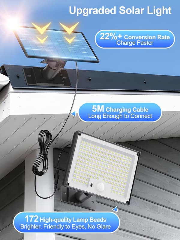 Solcellelampe Utendørs 172 LED 3 Moduser Utendørs Solcellelampe Bevegelsessensor, Solcellelampe IP65 (kaldt lys)