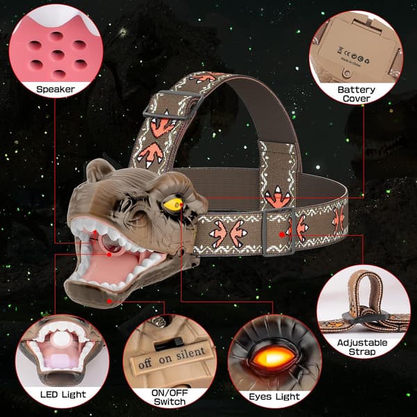 Dinosaur Hodelykt for Barn LED Leker T-Rex Hodelykt Mini Bærbar Frontlykt med Sterk Lommelykt 3 Moduser Hjelmlys Gave