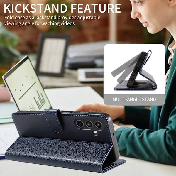 Samsung A14 Mobilskal - Läder Folio Flip Ställ Stötsäkert Skydd med Blockerande Kortfack Plånbok - Blå