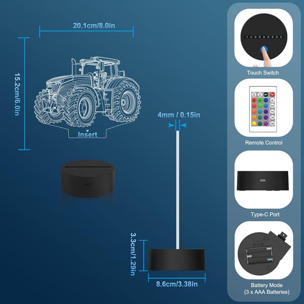 Traktor 3D Illusjon Nattlampe, 16 Fargeskiftende Dimbar Hologrambelysning, Timer Leke USB-Lading