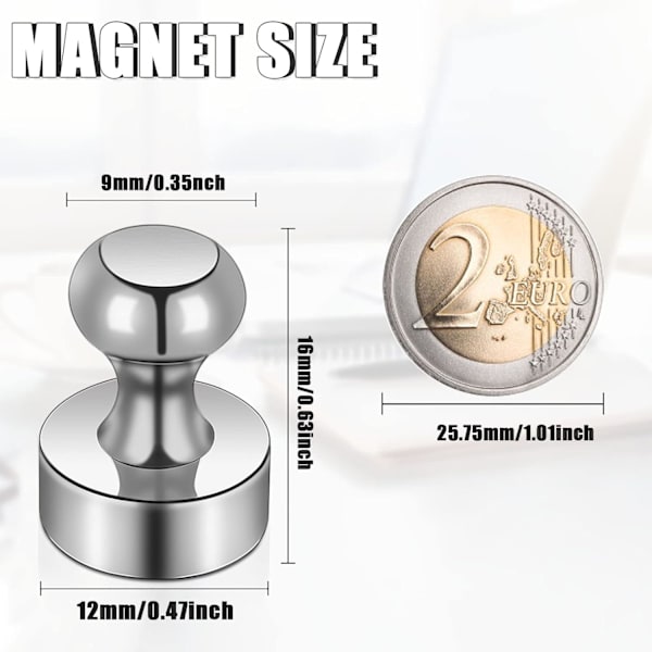 24 kpl Neodyymimagneetteja, hopeanvärisiä pyöreitä jääkaappimagneetteja, 12 x 16 mm, vahvat magneettiset nastat valkotaululle, toimistoon, jääkaappiin