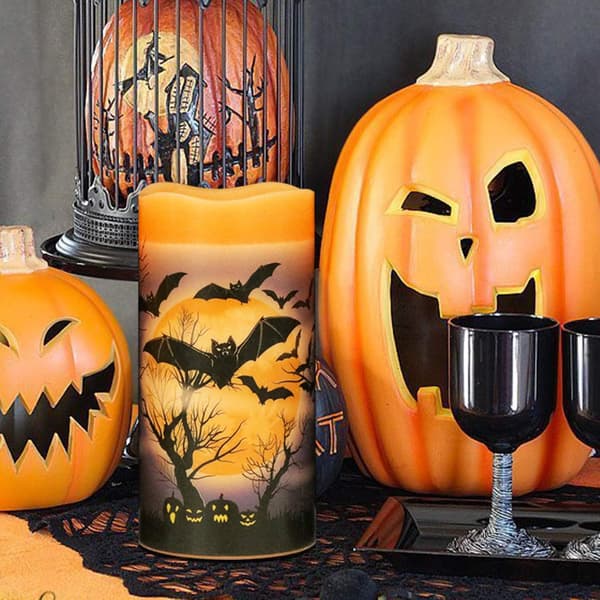 Halloween Flamlösa Flimrande LED-Ljus med 6-timmars Timer, Dekaler Häxa, Fladdermöss, Slott Set om 3