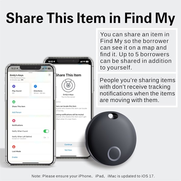 Matkatavaroiden seuranta, yhteensopiva Apple Find My:n kanssa (vain iOS), esineiden paikantaminen avaimille, matkatavaralle, matkalaukuille, lompakolle, IP67 vedenkestävä, 1 pakkaus