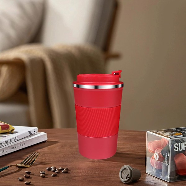 380ml Röd Isolerad Kaffekopp, 304 Rostfritt Stål Återanvändbar Isolerad Mugg Bilkopp med Lock, Läckagesäker Kaffekopp