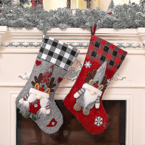 Julstrumpa 2-pack, 3D Tomtar Santa Julstrumpor Öppen Spis Hängande Strumpor Röda Grå