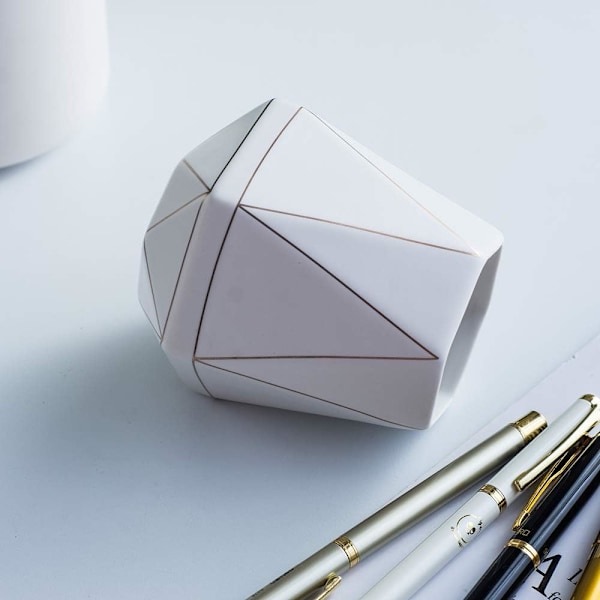 Keramisk Pæn Blyantsholder Stativ Guld Linie Blyantkop Pot Skrivebordsarrangør Makeup Penselholder