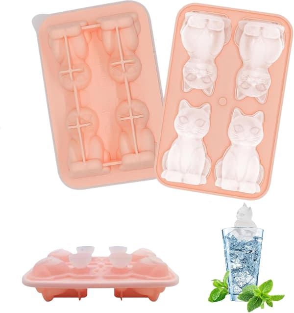 Katteformet isbitbrett, Stor silikonisbitform, Gjenbrukbar, For iskaffe og fruktjuice, Rosa
