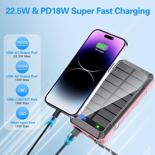 Solar Power Bank Trådløs Oplader 33800mAh Pink