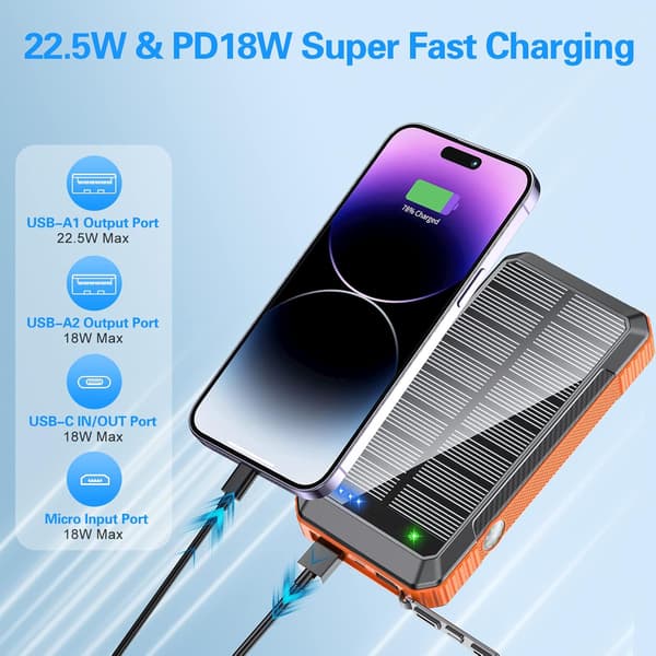 Solar Power Bank Trådløs Lader 33800mAh Orange