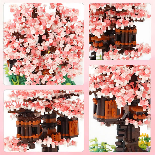 Körsbärsblomsträd Hus Byggklossar Set, 2000+ PCS Konstgjort Bonsai Träd Kit, Nano Växt Blommor Byggklossar Set