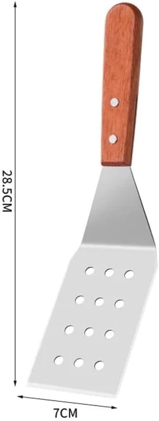 En spade i rustfritt stål med trehåndtak; spaden i rustfritt stål måler 28,5 x 7 cm.