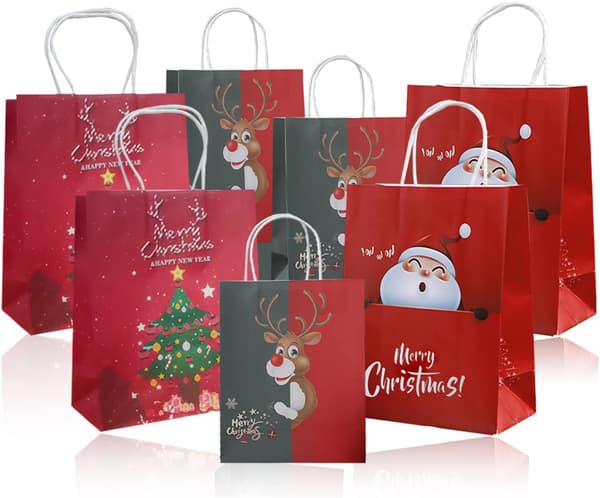 Presentpåsar, julpresentpåsar i papper med handtag, presentpåsar i kraftpapper för presentinslagning (9 stycken)