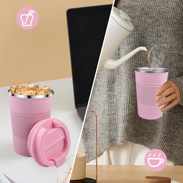 380ml Rosa Isolerad Kaffe Mugg, 304 Rostfritt Stål Återanvändbar Isolerad Mugg Bilkopp med Lock, Läckagesäker Kaffe Mugg