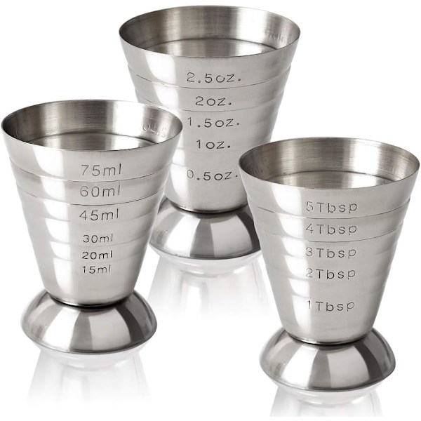 Målebeger i rustfritt stål, 2,5 oz, 75 ml, 5 ss, Cocktail Jiggers, Pakke med 2