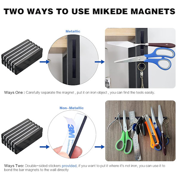 Sorte sjældne jordarters neodymmagneter, 6-pak stærke kraftige stangmagneter med dobbeltsidet klæbemiddel til garage, køkken, håndværk - 60 x 10 x 3 mm