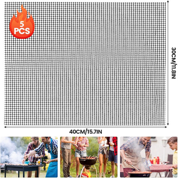 Sæt med 5 genanvendelige grillmåtter (30 x 40 cm) — Sort net
