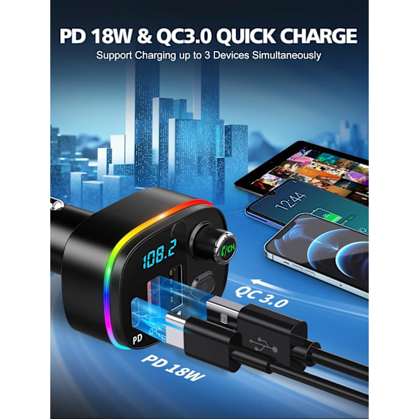 Bluetooth 5.3 Billadapter, QC3.0 & PD 18W USB C Billaddare, 9 RGB Bakgrundsbelysta Bil Bluetooth-mottagare