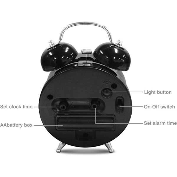3'' Dubbel Klocka Väckarklocka Sängbord Retro Urtavla Hög Ljudlarm för Tungsovare Liten Barn Batteri Väckarklocka för Sovrum Skrivbord