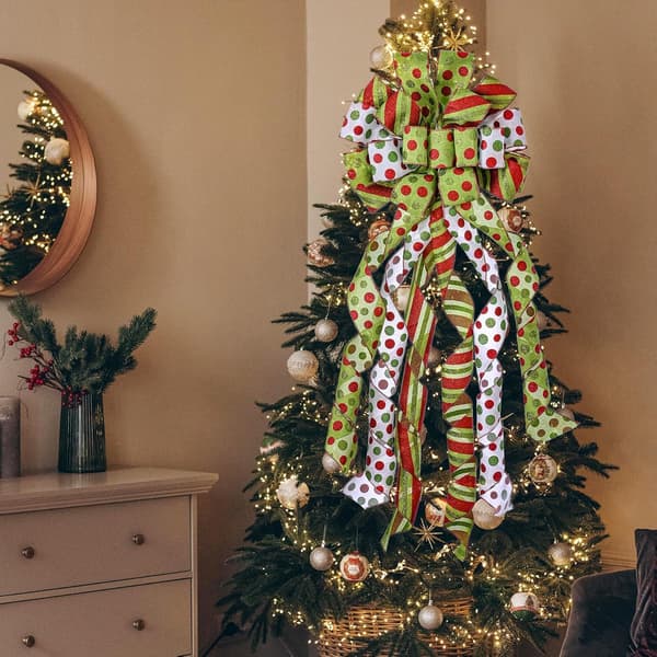 Stor Grön Julgrans Topp Krans Båge, Röd Grön Prickig Polyester Presentbåge för Jul Bröllop Thanksgiving Dekoration