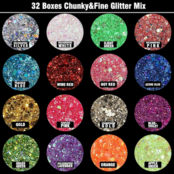 Rave-festivaalien paksu ja hieno glittersekoitus, 32 väriä iridescenttiä irtoglitteriä, kosmeettinen meikki kasvoille, vartalolle ja hiuksille