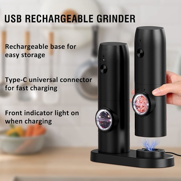 Sähköinen suola- ja pippurimyllysetti, 2 kpl USB ladattava setti säädettävällä karkeudella ja alustalla