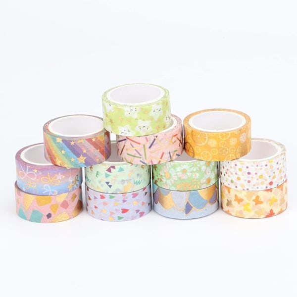 12 Rullar Blommiga Washi Tejp Set, 15 mm Bred, Färgglada Stjärna Hjärta Regnbåge Blomma Fjäril Båge Punkt Mönster, Maskeringstejp Dekor (3m)