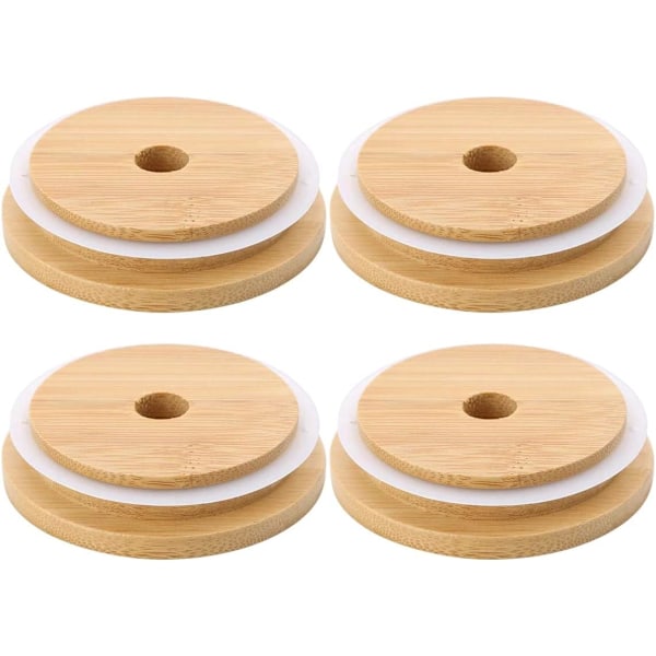 4-pack 86 mm bred öppning Bambu Mason Jar Lock med Sugrörshål Återanvändbara Bambulock Läcksäkra Glas Konserverings Dricksförvaringsburkar Lock