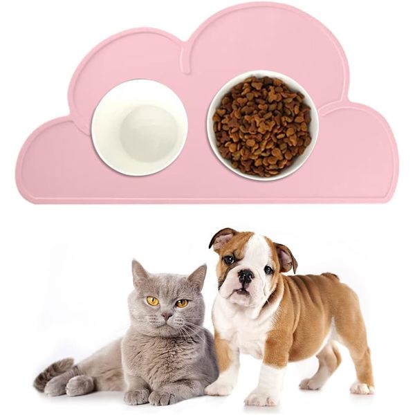 Fodermåtte til kæledyr, Fodermåtte til katte, Silikone kæledyrsmåtte, Spisemåtte til hunde og katte, Skyformet madpude til hunde, Pink, 48x27cm