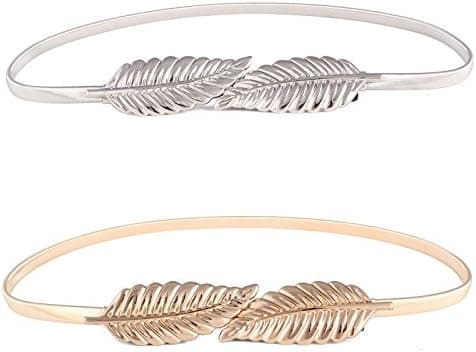 2 st Justerbara Elastiska Metallbälten med Löv för Kvinnor, Guld/Silver