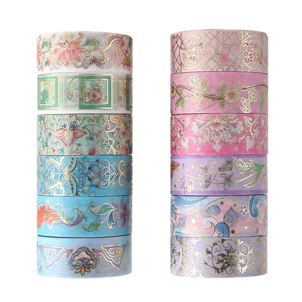 12 Rullar Papper Tejp Set, Vacker Washi Tejp Mjuk Scrapbooking Tejp Estetisk Guldfolie Papper Tejp Dekaler Perfekt för DIY