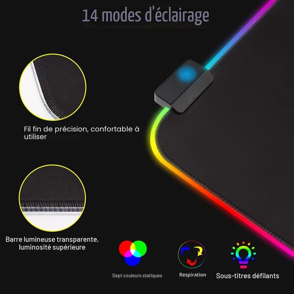 Gaming musemåtte (800 x 300 mm), 14 LED-lyseffekter, vandafvisende, ideel til gamere