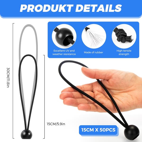 Elastisk snor med kuler, presenningsstrammer, elastisk snor, egnet for presenninger, campingtelt, (15 cm, 50 stk)