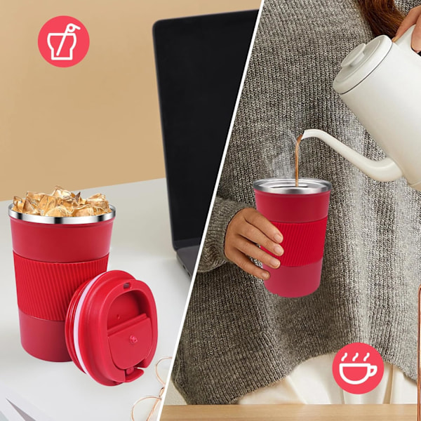 380ml Röd Isolerad Kaffekopp, 304 Rostfritt Stål Återanvändbar Isolerad Mugg Bilkopp med Lock, Läckagesäker Kaffekopp