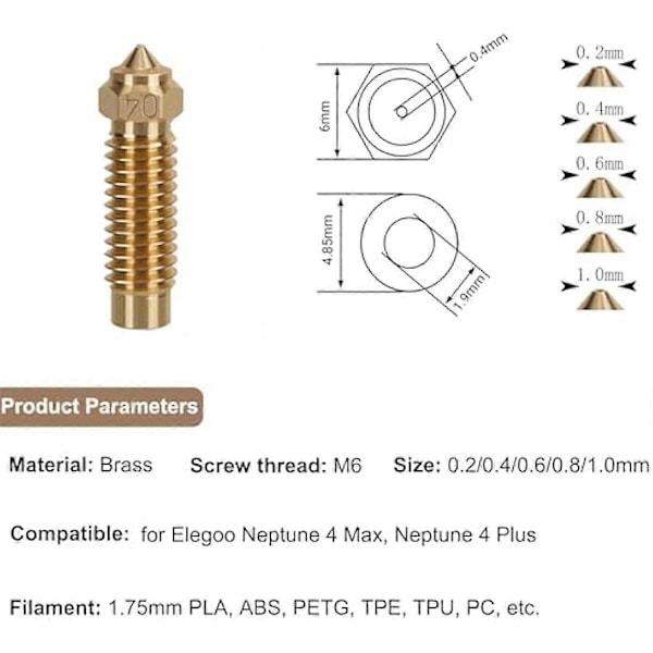 Mässingmunstycken för Neptune 4Plus/4Max, 0,2 mm/0,4 mm/0,6 mm/0,8 mm/1,0 mm Extruder Hotend Munstycken Kit 3D-skrivartillbehör
